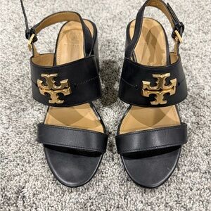 Tory Burch Everly Black Leather Block Heel Sandals Gold Logo Straps Women US 6.5